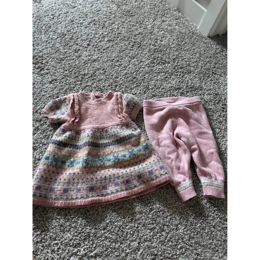 Ralph Lauren Baby Girls Pink Fair Isle Wool Sweater Dress & Legging 9-12 months